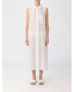 Y's Yohji Yamamoto Pure Linen Midi Shirt Dress With Off-Shoulder Design And French Collar - White