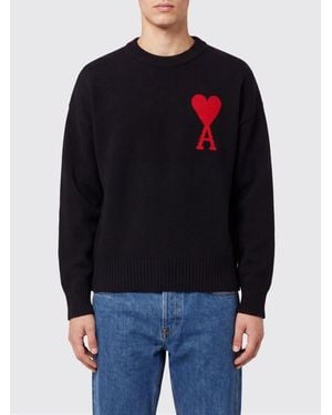 Ami Paris Crew-Neck Wool Sweater With Contrast Logo - Blue