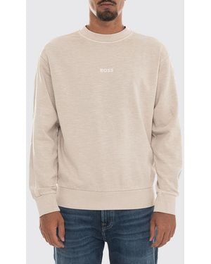 BOSS Crewneck Cotton Jumper With Contrast Logo And Dropped Shoulders - Natural