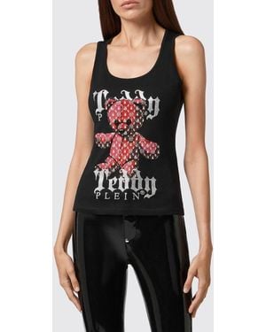 Philipp Plein Slim Fit Teddy Bear Print Jersey Tank Top With Square Neck - Black