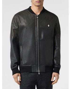 Billionaire Leather Bomber Jacket With Monogram Pattern And Applied Logo - Black