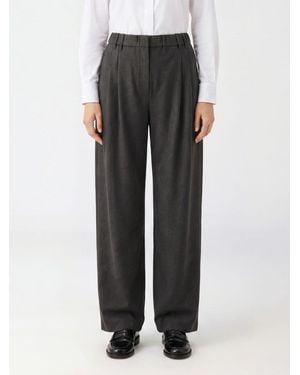 Brunello Cucinelli High-Waisted Virgin Wool Wide Leg Pants With Monili - Black