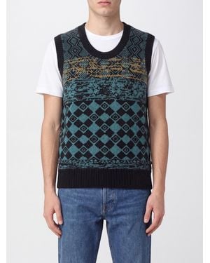 Dries Van Noten Wool Knit Vest With Abstract Jacquard Crewneck Pattern - Blue