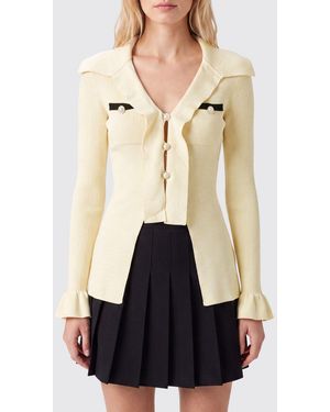 Self-Portrait V-Neck Ribbed Viscose Cardigan With Jewelled Buttons - Natural