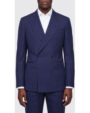 Paul Smith Blazer De Doble Botonadura De Lana Y Lino Con Estampado De Raya Diplomática - Azul