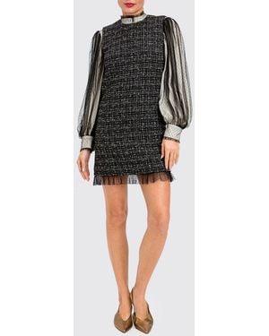Twinset Tweed Sheath Mini Dress With Puff Sleeves And Mandarin Collar - Black
