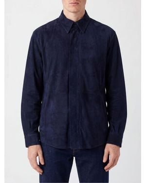 Giorgio Armani Suede Lambskin Leather Shirt Jacket With Classic Collar - Blue