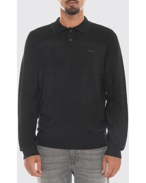 BOSS Long-Sleeved Wool-Blend Polo Shirt With Ribbed Collar - Black