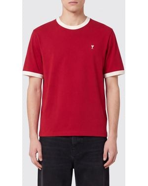 Ami Paris Crewneck Cotton T-Shirt With Contrasting Logo And Trim - Red