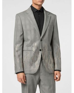 Philipp Plein Blazer De Lana Príncipe De Gales Con Cristales Aplicados - Gris