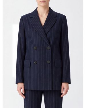 Max Mara Pinstripe Wool Double-Breasted Blazer With Classic Lapels - Blue