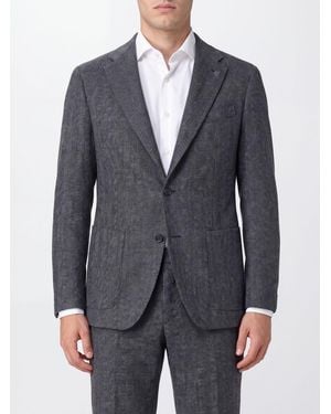 Tagliatore Chevron Pattern Single-Breasted Wool Blazer With Patch Pockets - Gray