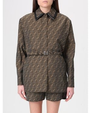 Fendi Ff Jacquard Cotton And Leather Overshirt - Grey