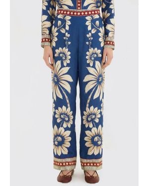 FARM Rio Luna Floral Print Linen Blend Palazzo Trousers - Blue