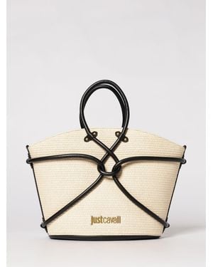 Just Cavalli Leather And Raffia Handbag - Natural