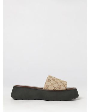 Gucci Gg Monogram Cotton Wedge Mule Sandals - White