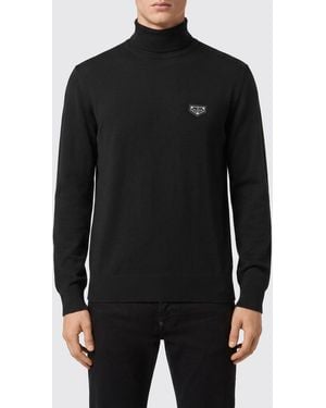 Philipp Plein Wool And Cotton Blend Roll Neck Jumper With Long Sleeves And Applied Logo - Black