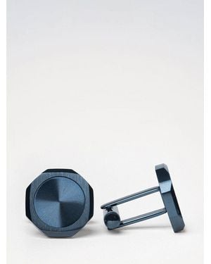 D1 Milano Chrome-Plated Steel Cufflinks With Rounded Shape And Engraved Logo - Blue