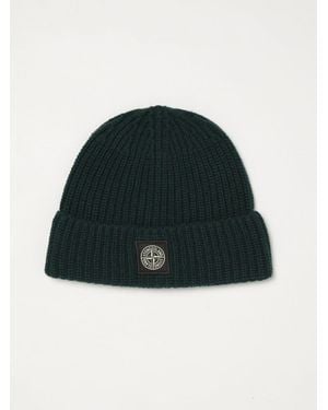 Stone Island Ribbed Virgin Wool Beanie Hat With Compass Logo - Black