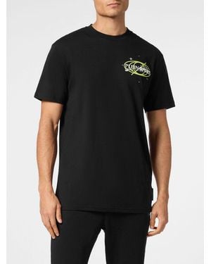 Philipp Plein Slim Fit Cotton T-Shirt With Contrast Logo And Dropped Shoulders - Black