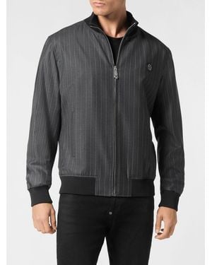 Philipp Plein Pinstripe Virgin Wool Varsity Bomber Jacket With Hexagon Logo - Gray