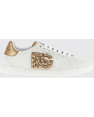 Dolce & Gabbana Dolce &Amp Gabbana Portofino Smooth Calfskin Trainers With Rhinestone Dg Monogram - White