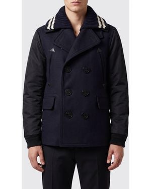 DSquared² Double-Breasted Wool Blend Peacoat With Ribbed Lapel Collar - Blue