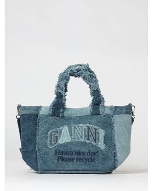 Ganni Recycled Cotton Denim Handbag With Frayed Top Handles - Blue