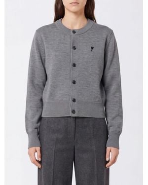 Ami Paris Rundhals-Cardigan Aus Reiner Merinowolle Mit Gesticktem Logo - Grau