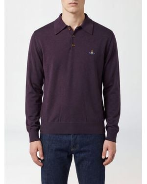 Vivienne Westwood Mark Long-Sleeved Wool Knit Polo Shirt With Embroidered Orb Logo - Blue