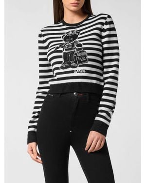 Philipp Plein Striped Cotton Crewneck Sweater With Teddy Bear Print - Black