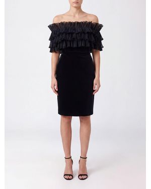 Elisabetta Franchi Off-The-Shoulder Embroidered Velvet Midi Sheath Dress - Black