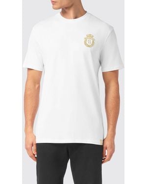 Billionaire Slim Fit Cotton T-Shirt With Embroidered Crest - White