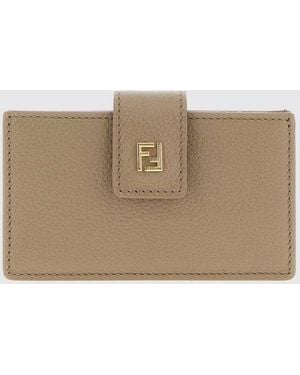 Fendi Large Leather Wallet With Ff Monogram And Strap - Natural