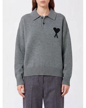 Ami Paris Long-Sleeved Knit Cotton Polo With Ami De Coeur Monogram Logo - Grey
