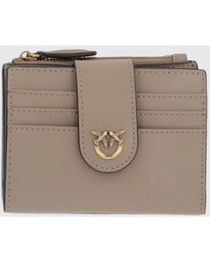 Pinko Small Smooth Leather Wallet With Metallic Love Birds Logo - Natural