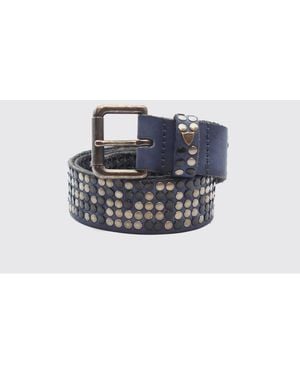 HTC Leather Belt With Artisanal Embroidery And Logo Buckle - Blue