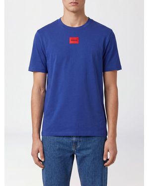 HUGO Crew-Neck Cotton T-Shirt With Contrast Logo - Blue