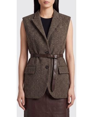 Brunello Cucinelli Chevron Wool Tailored Waistcoat With Belt - Gray