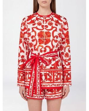 Dolce & Gabbana Dolce &Amp Gabbana Majolica Print Silk Blouse With A Tie-Waist Detail - Red