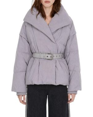 Patrizia Pepe Relaxed Fit Short Puffer Jacket With Shawl Collar And Removable Sleeves - Gray