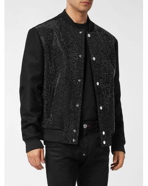 Philipp Plein Wool Varsity Bomber Jacket With Embroidery And Rhinestones - Black