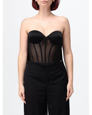 Elisabetta Franchi Satin Bustier Top With Sweetheart Neckline And Fringes - Black