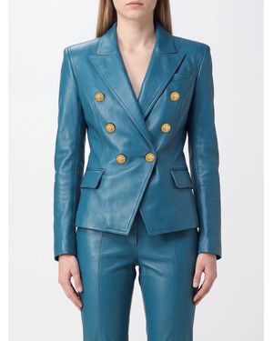 Balmain Blazer Cruzado De Piel De Cordero Con Solapas De Pico Y Hombros Acolchados - Azul