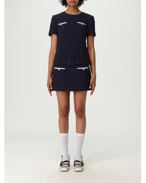 Self-Portrait Elegant Dress With Belt And Button Detail Short Sleeves Woven Fabric - Blue