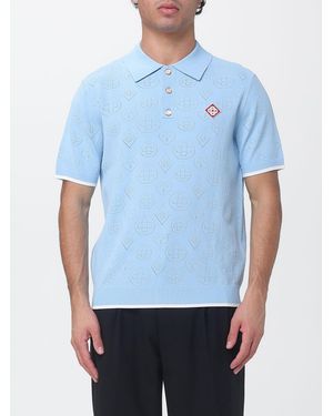 CASABLANCA Openwork Knit Viscose Blend Polo Shirt With Contrast Logo - Blue