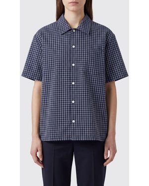 DUNST Check Pattern Cotton-Blend Shirt With Patch Pocket And Dropped Shoulders - Blue