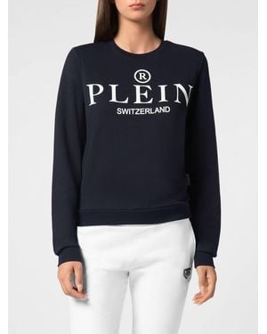 Philipp Plein Crewneck Cotton Sweatshirt With Contrast Logo Print - Blue