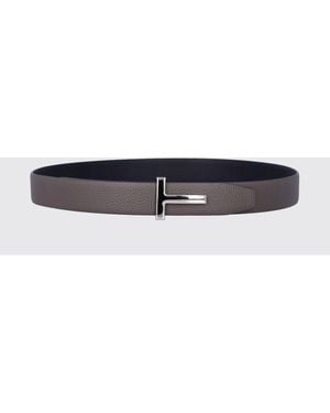 Tom Ford Reversible T Icon Grained Leather Belt With Monogram Buckle - White
