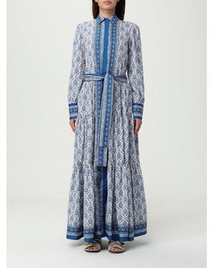 MC2 Saint Barth Elegant Printed Maxi Dress With Tie Belt & Long Sleeves - Blue